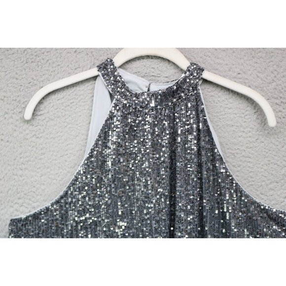 Loft Sleeveless Full Sequin Cutout Back Halter Swing Dress-Size Large-Silver - Picture 5 of 12
